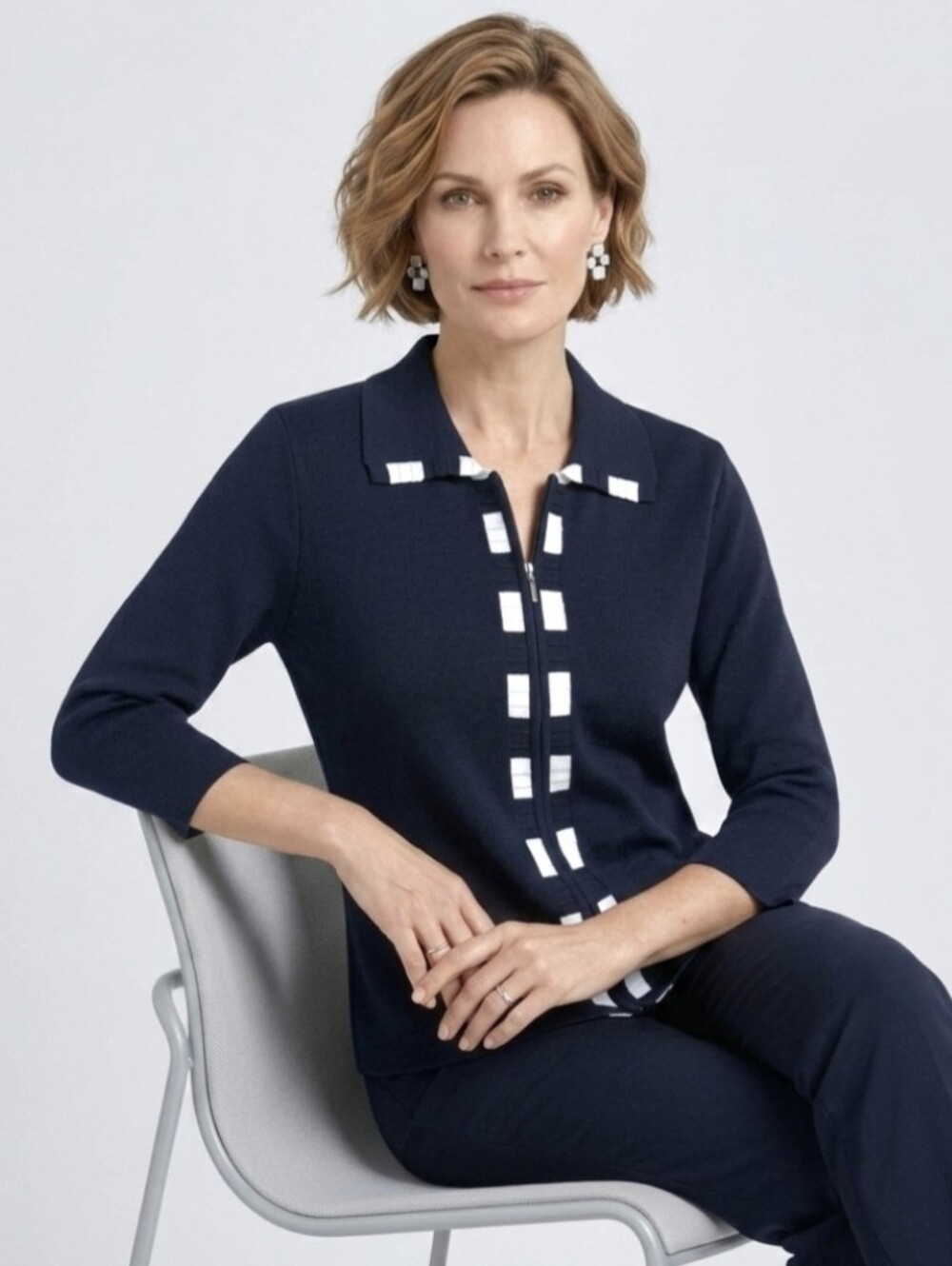 Cable & Gauge Midnight Blue Black Ivory Colourblock Zip Up Cardigan Sweater Med